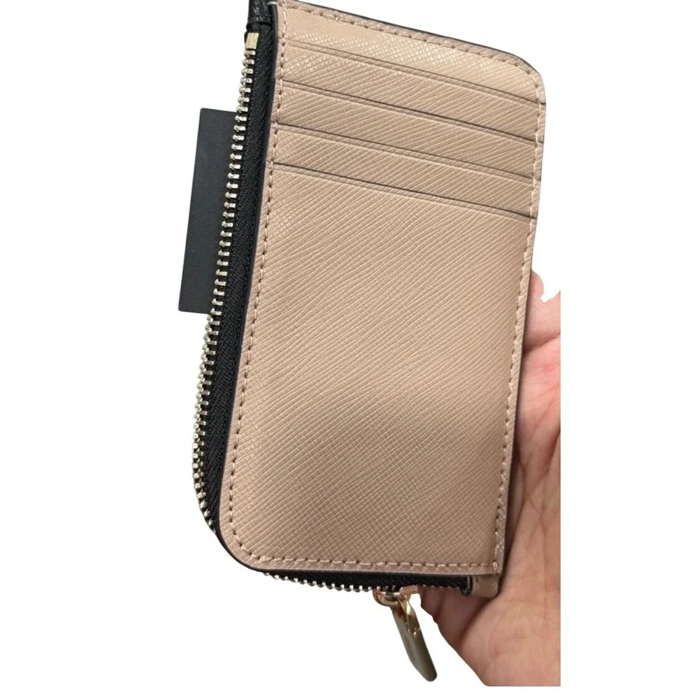Kate Spade Card Holder Wallet Beige Black Excellent Saffiano Leather Zip‎ Wallet